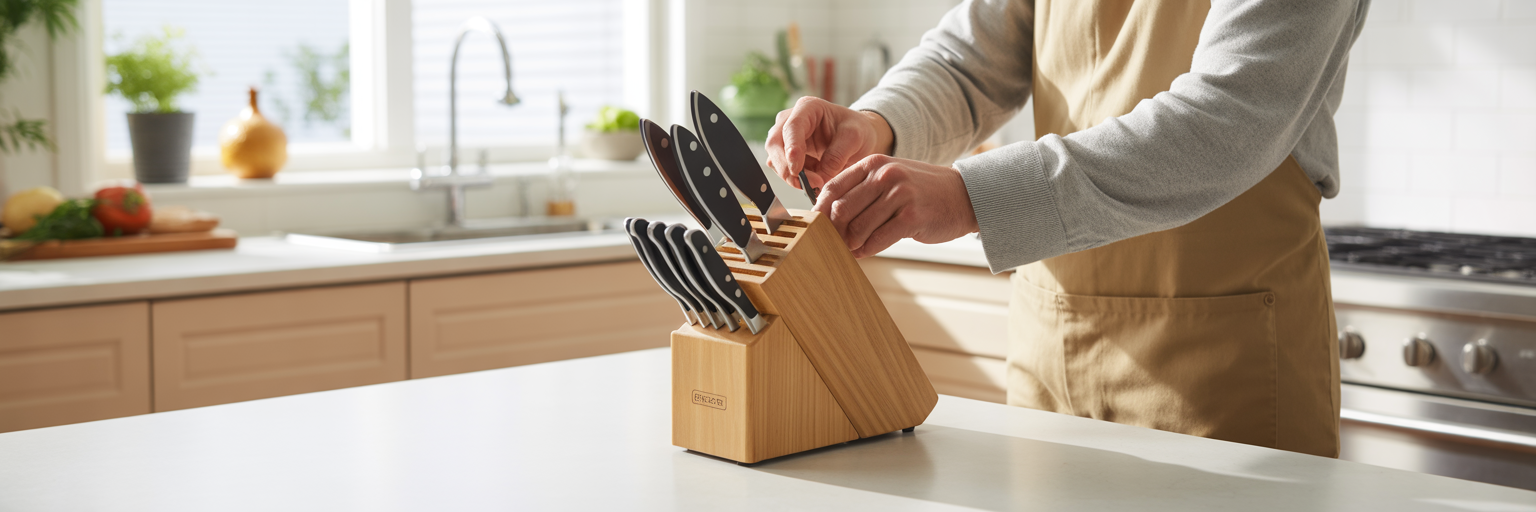 Chef's knives being placed in a block.