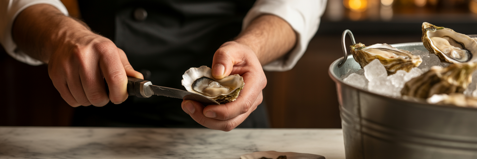 Chef shucking fresh oysters at bar