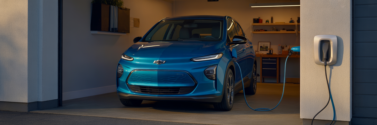 Chevrolet Bolt EV charging in garage.
