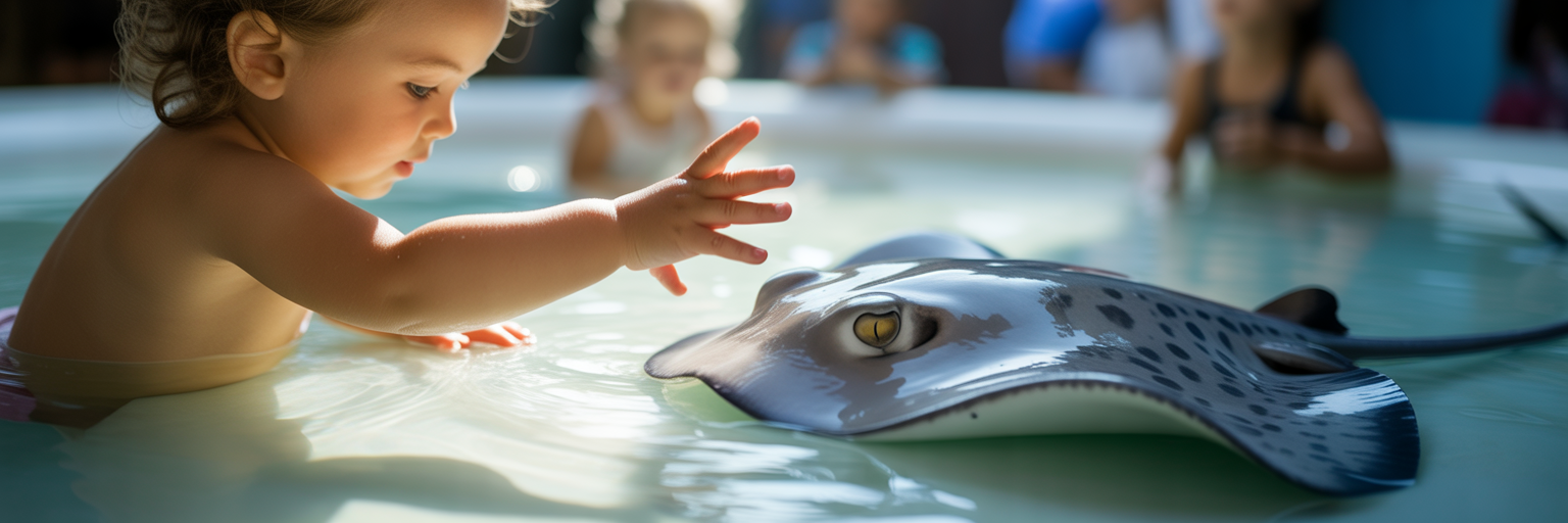 Child touching stingray at aquarium.