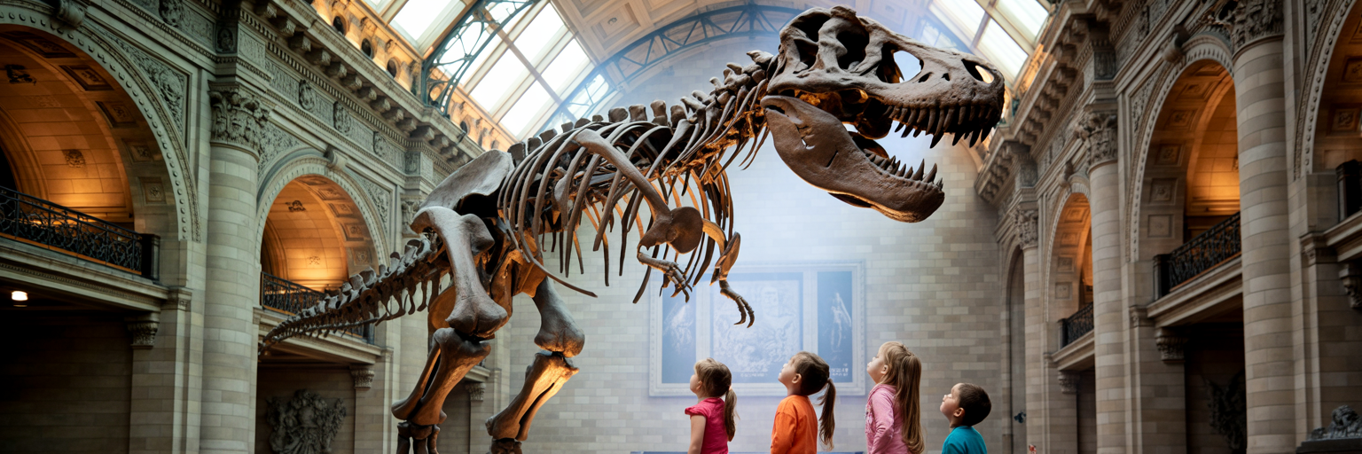 Children viewing dinosaur exhibit at museum.