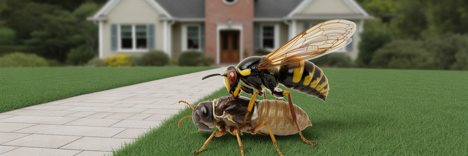 Cicada killer wasp dragging cicada