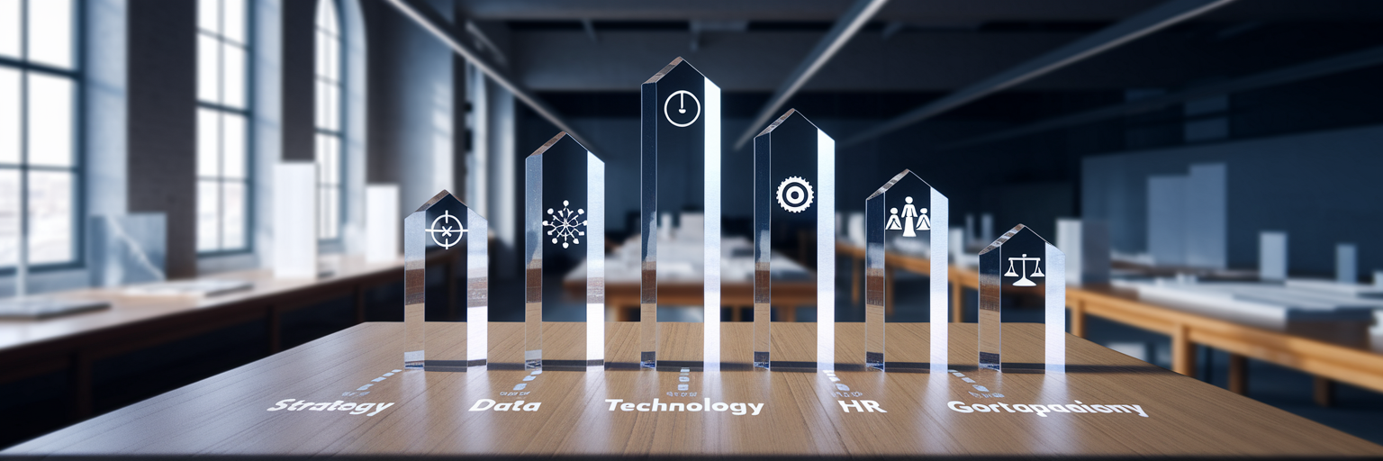 Cinq piliers de cristal symbolisant la maturité IA.