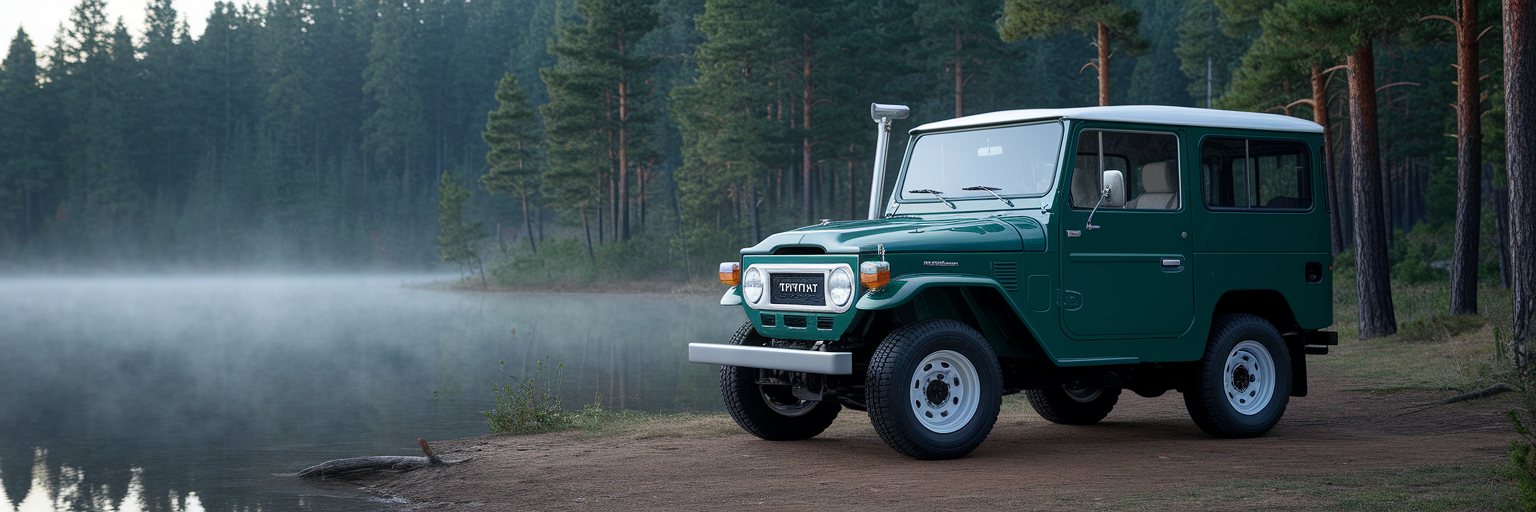 Classic green SUV parked by misty forest lake.