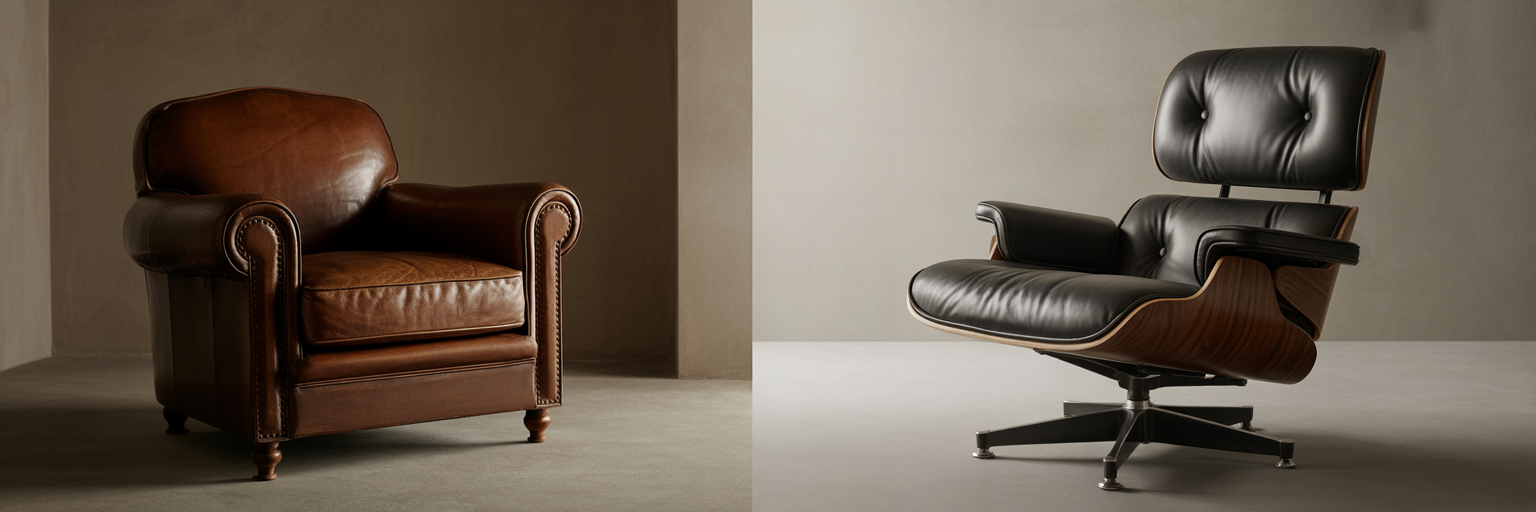Classic leather armchair vs modern lounge chair.