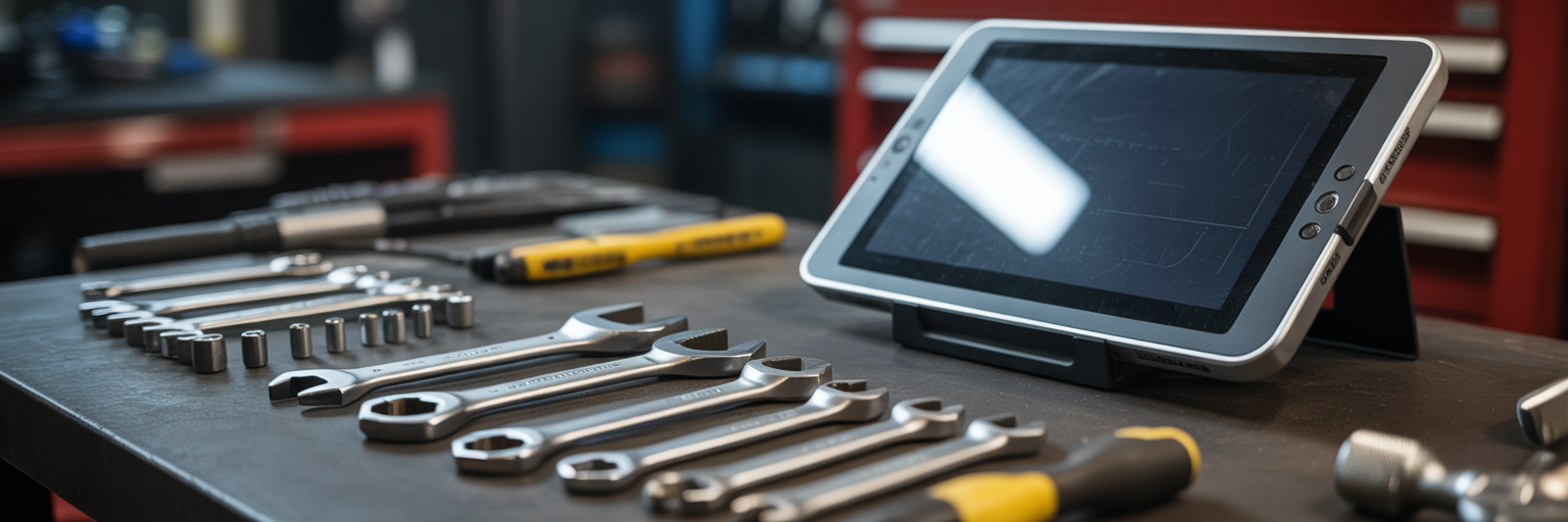 Classic mechanic tools next to modern diagnostic tablet.