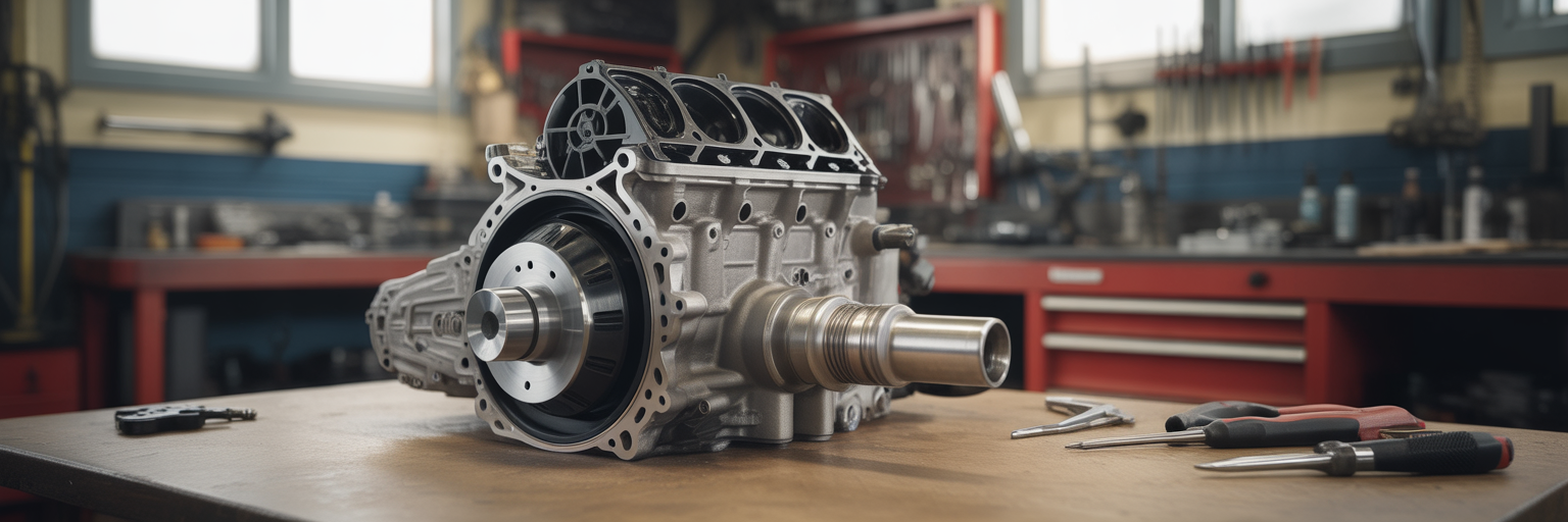 Clean engine block on workshop bench.