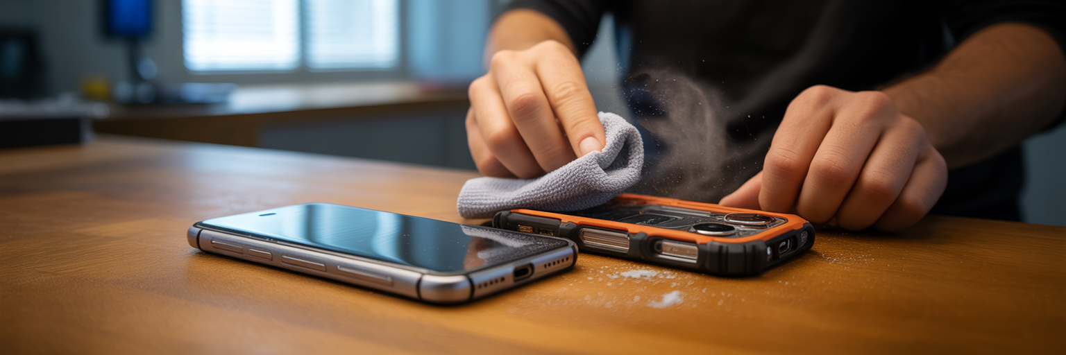 Cleaning a rugged phone case.
