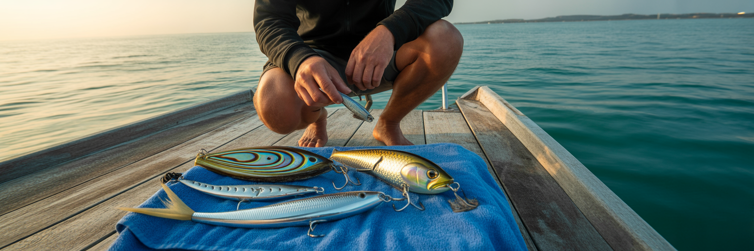 Cleaning offshore trolling fishing lures.