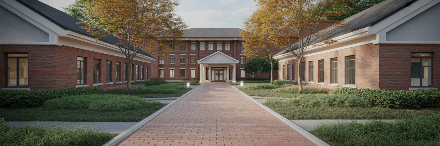 Clear brick pathway to medical clinic entrance.
