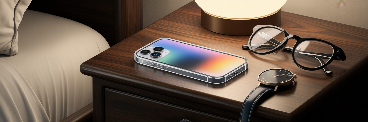 Clear-cased iPhone on a nightstand.