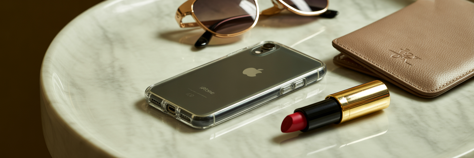 Clear iPhone case with fashion accessories.