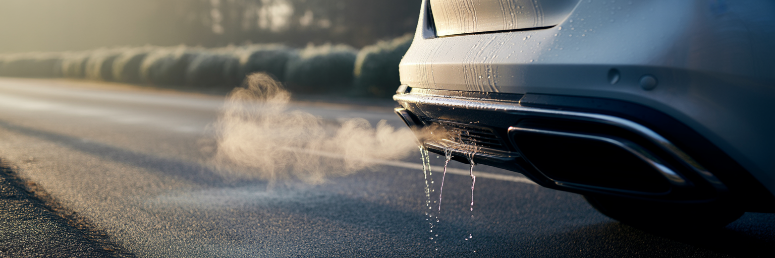 Clear water dripping from car exhaust pipe