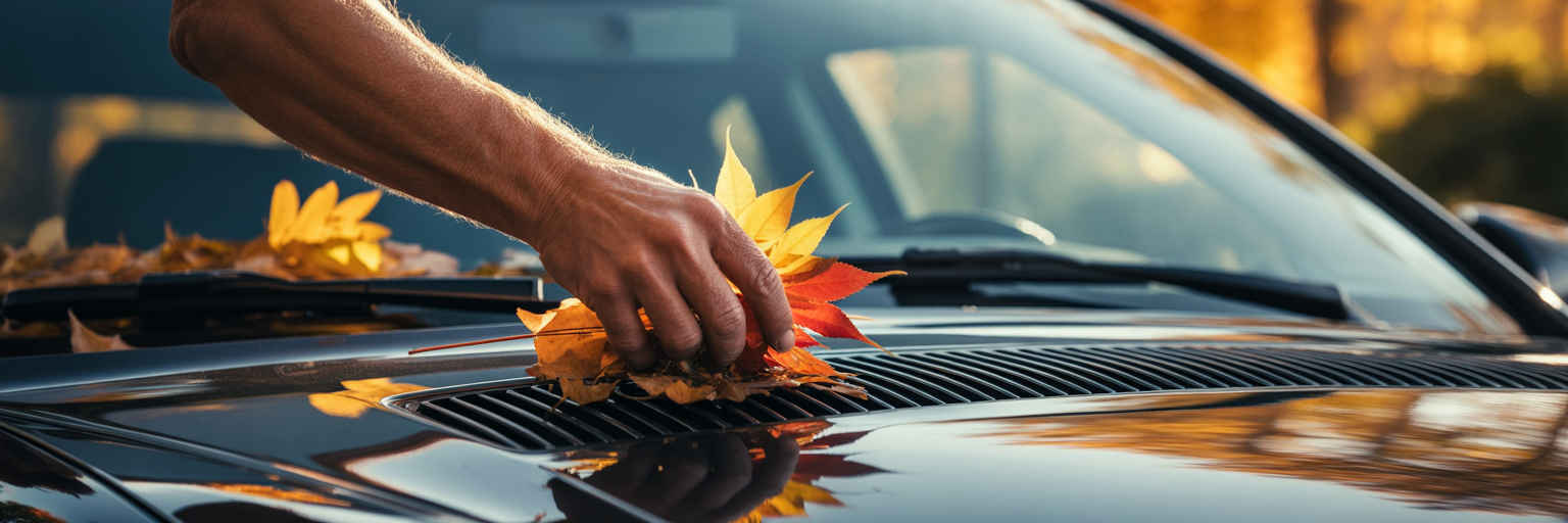 Clearing leaves from car windshield cowl.