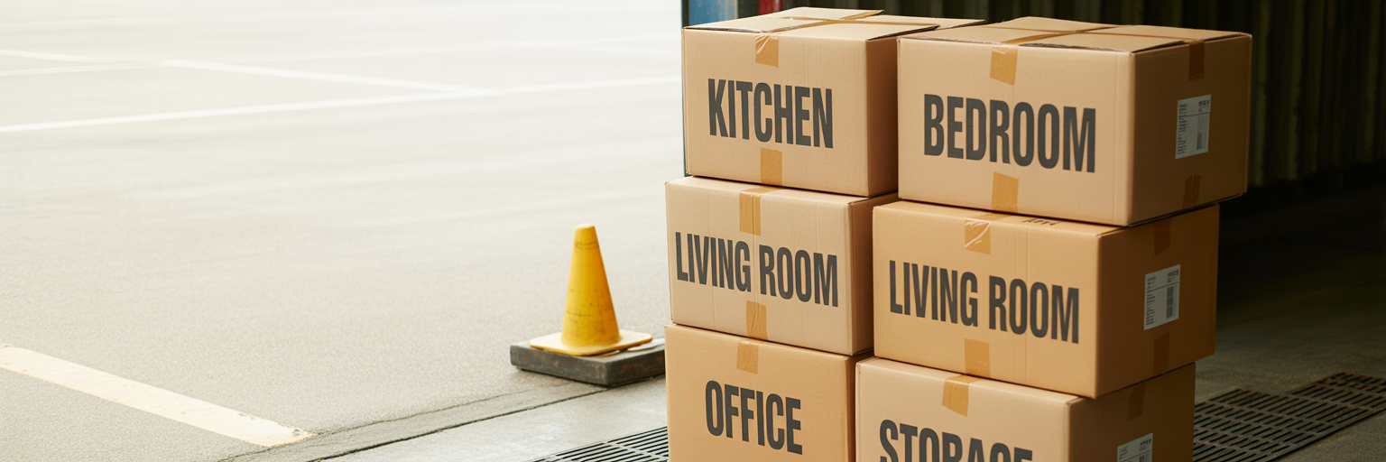 Clearly labelled moving boxes stacked.