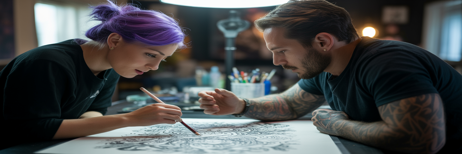 Client and artist collaborating on tattoo design