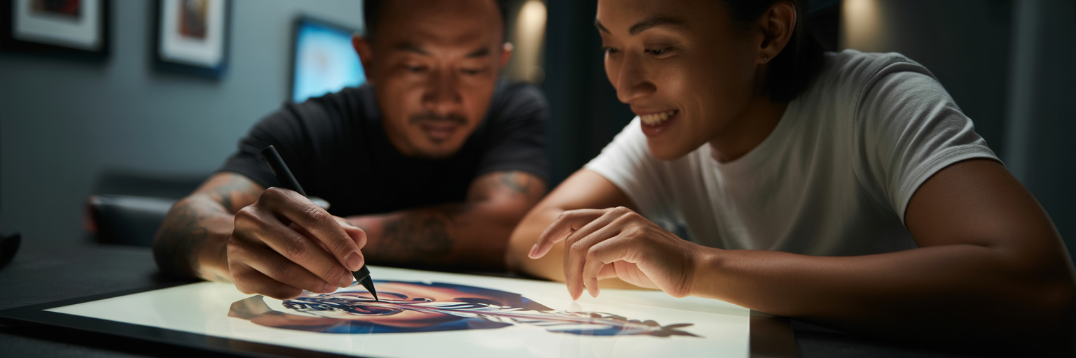 Client and artist collaborating on tattoo.