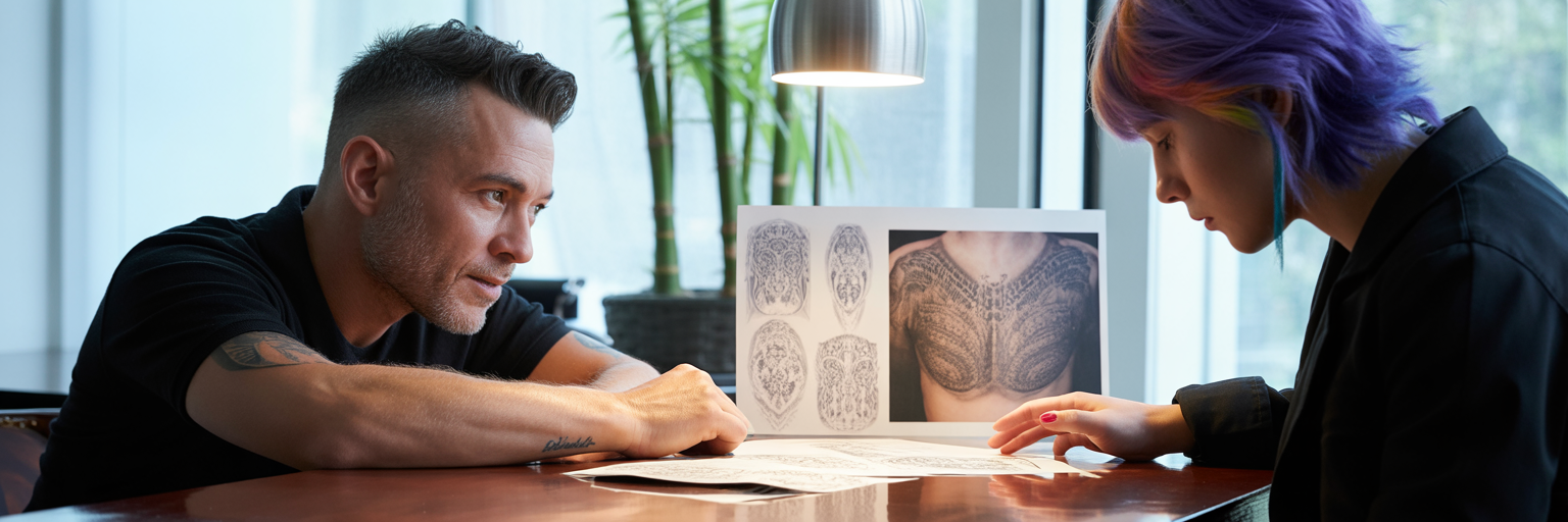 Client and artist discussing cover-up tattoo designs.