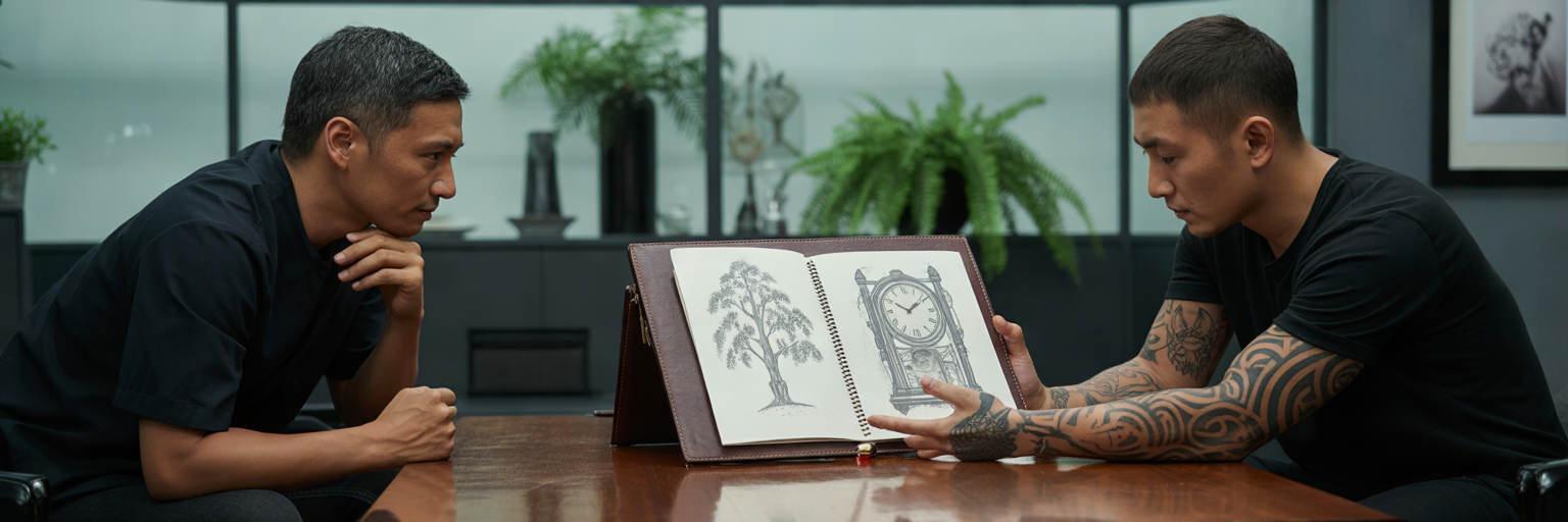 Client and artist discussing meaningful tattoo designs.