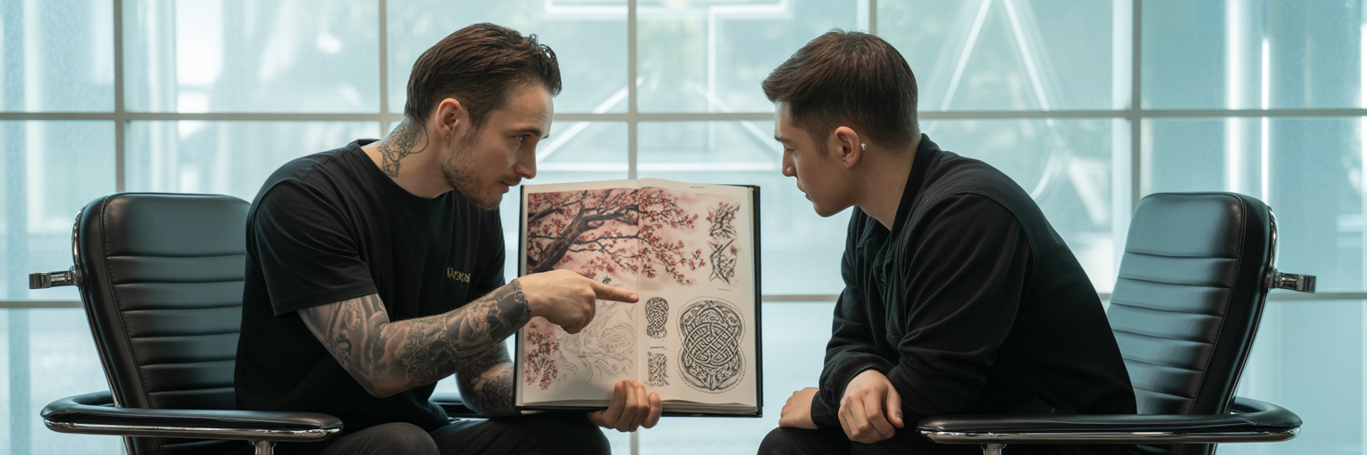 Client and artist discussing tattoo designs.