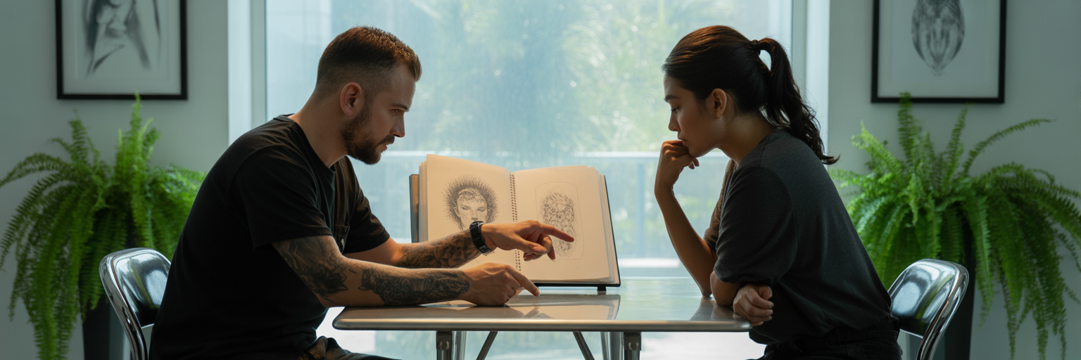 Client and artist in tattoo consultation.