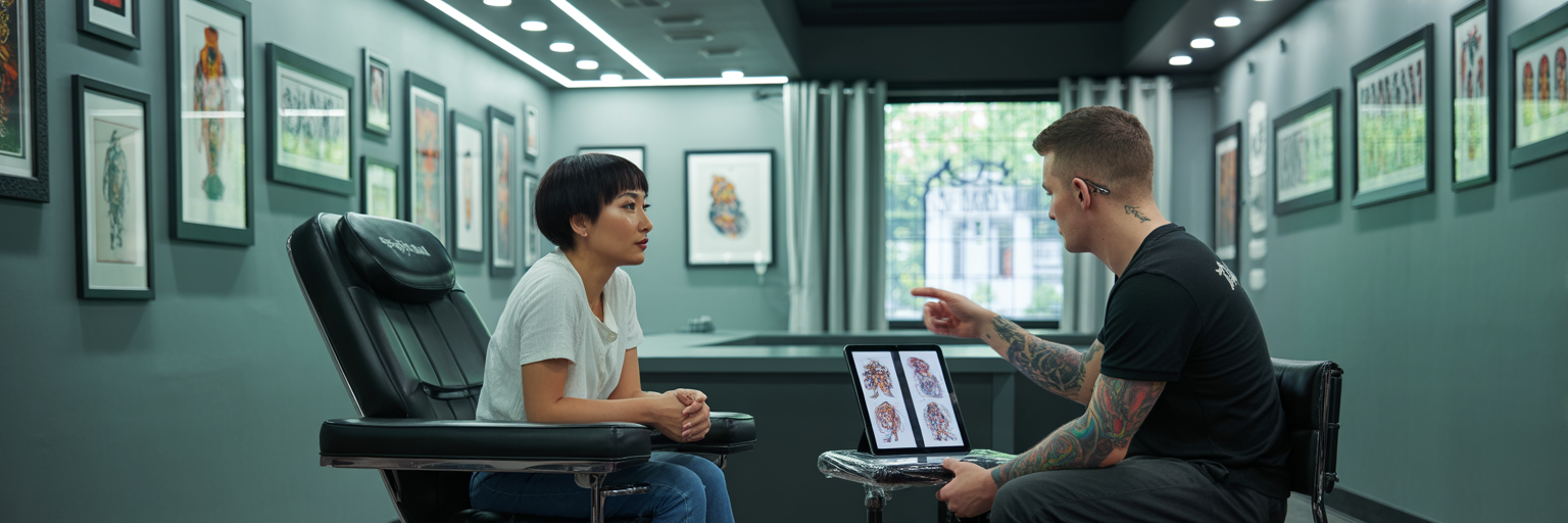 Client and artist in tattoo consultation.