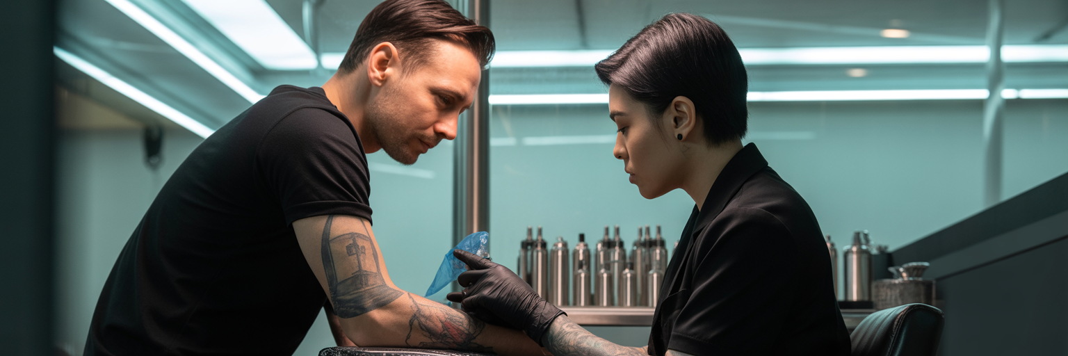 Client and artist in tattoo cover-up consultation.
