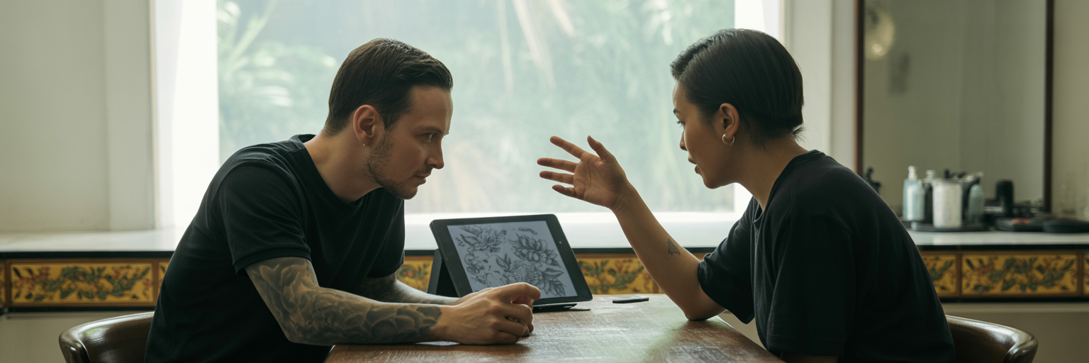 Client and tattoo artist discussing design ideas.
