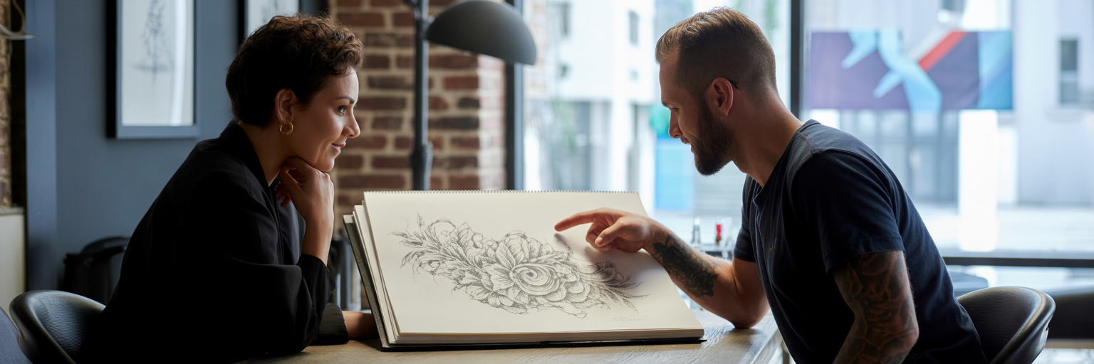 Client and tattoo artist discussing design.
