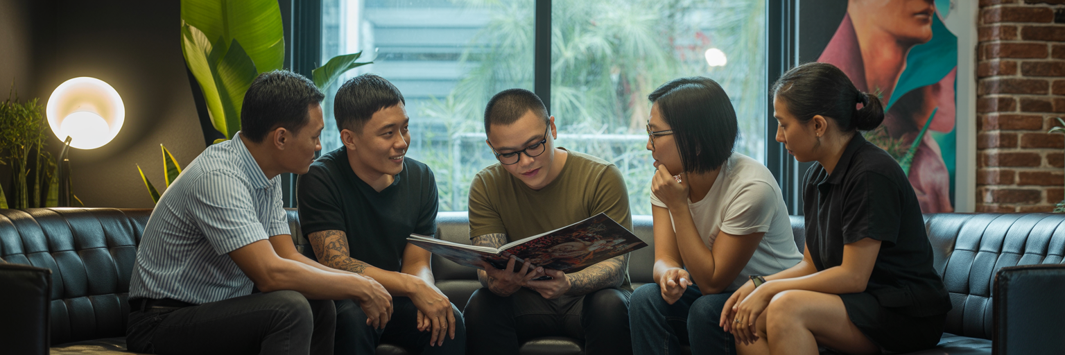 Clients in a tattoo studio consultation.