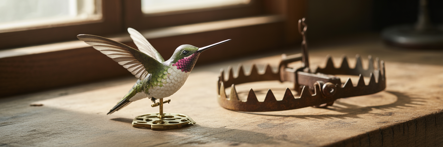 Clockwork hummingbird next to an open trap.