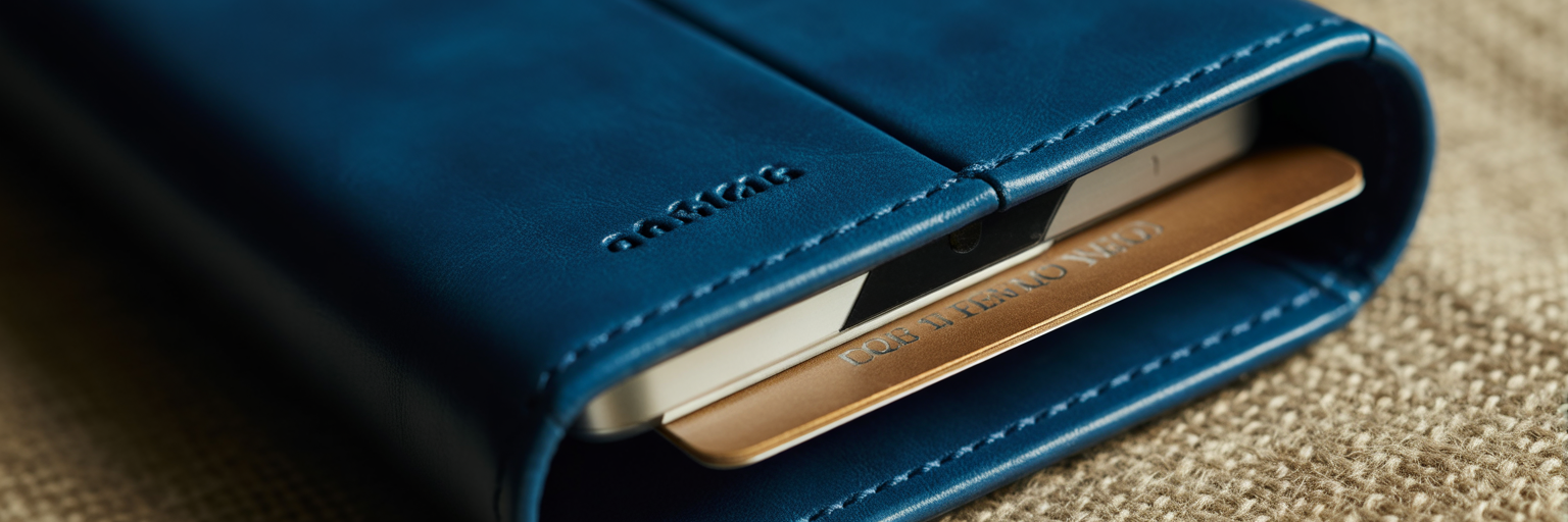Close-up of a blue leather wallet case.