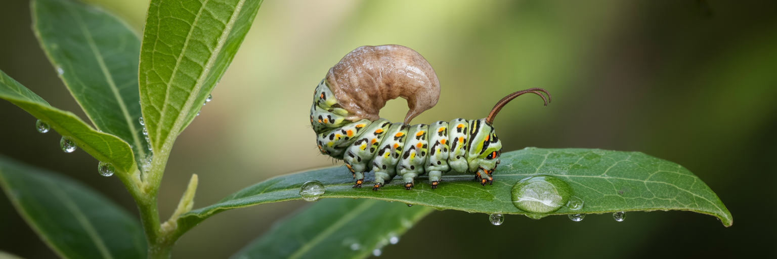 Close-up of a caterpillar mimicking bird poop.