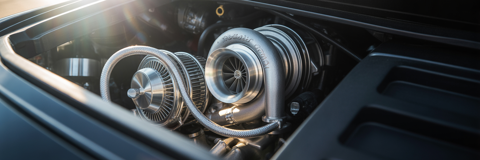 Close-up of a modern car turbocharger assembly