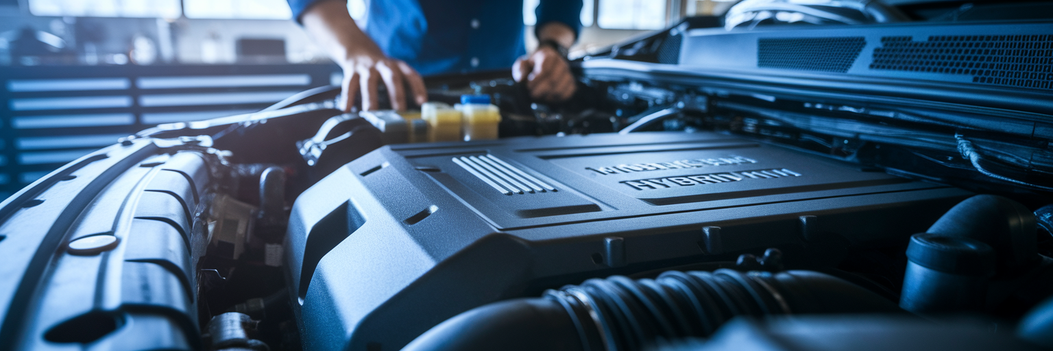 Close-up of a modern hybrid truck engine.