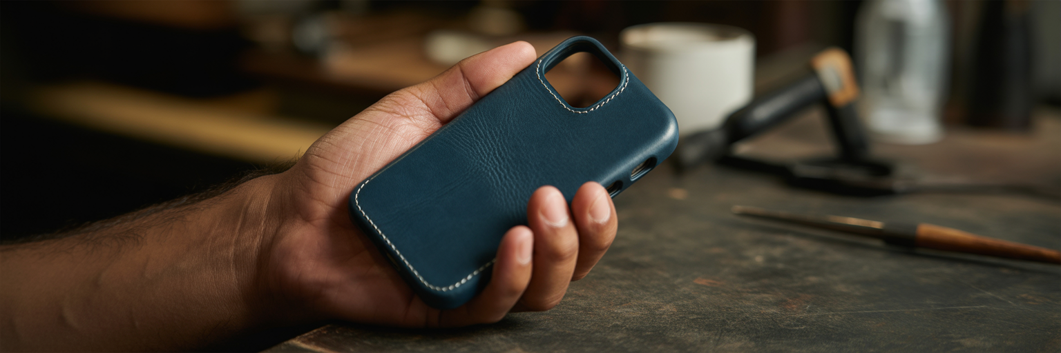 Close-up of a navy leather iPhone case.