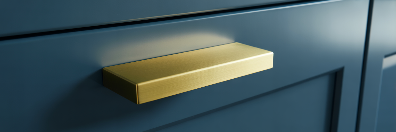 Close-up of a square brass cabinet pull