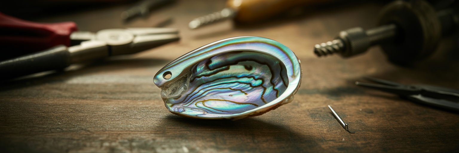 Close-up of abalone resin lure flash