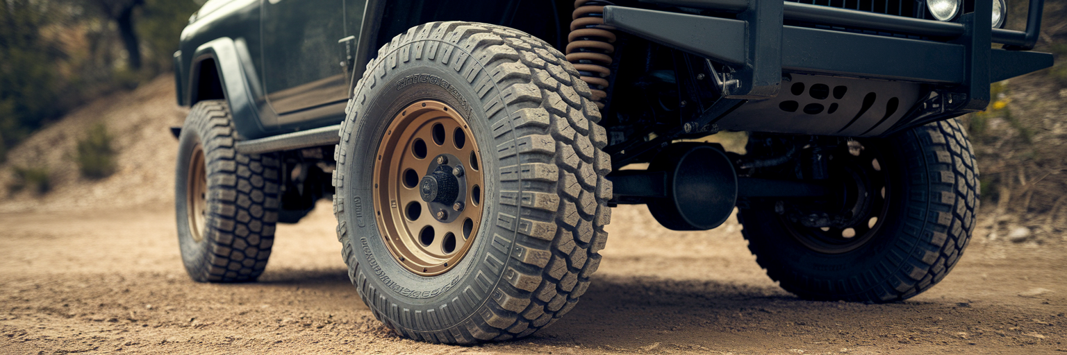 Close-up of an all-terrain tire and suspension.