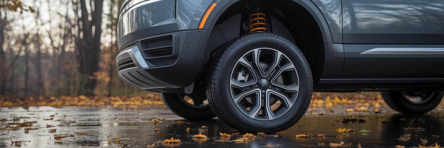 Close-up of an electric SUV's advanced suspension.