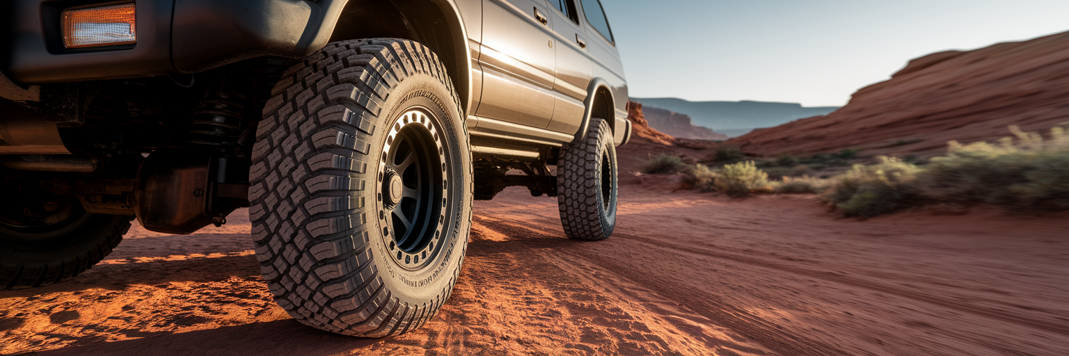 Close-up of an off-road tire on a dusty trail.