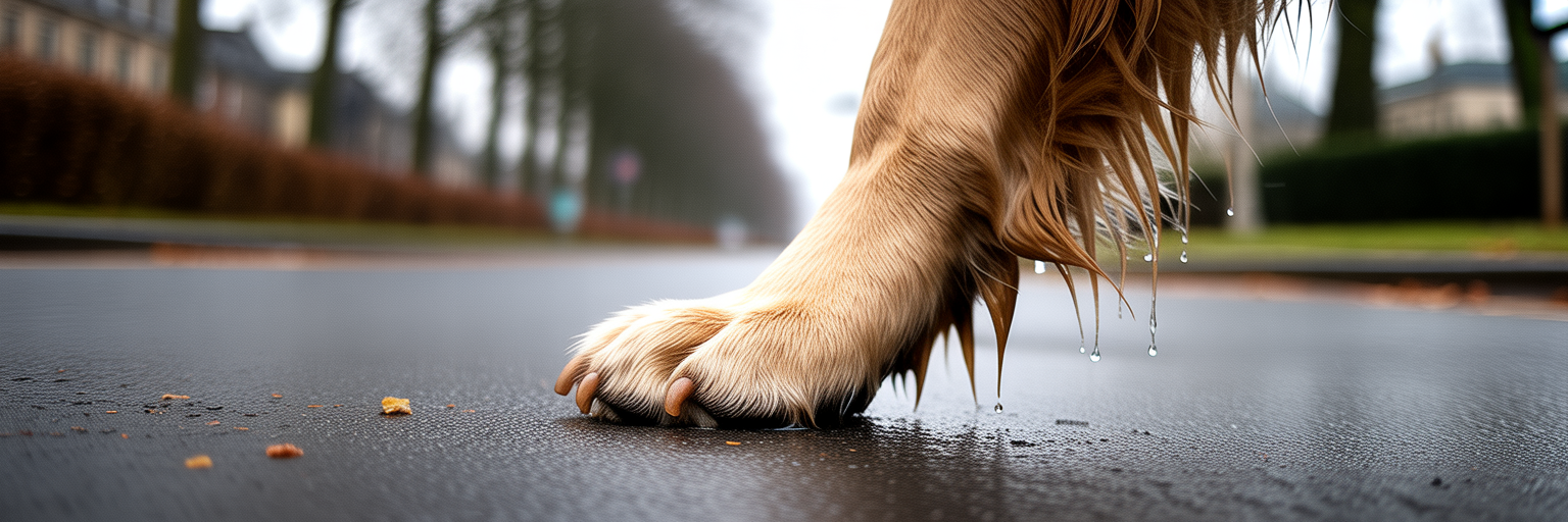 Close-up of dog's paw on gritty pavement.