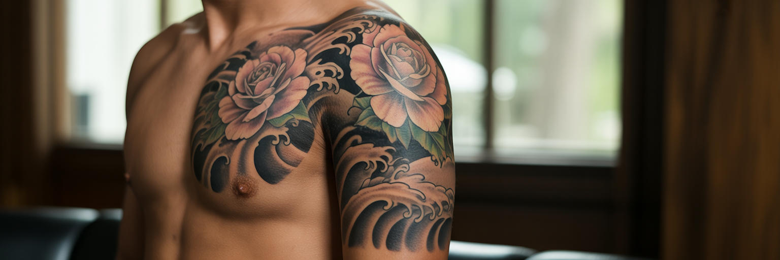 Close-up of Eastern and Western fusion tattoo.
