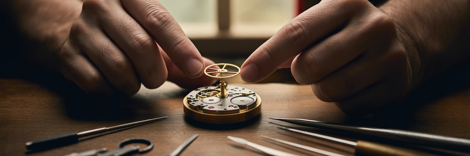 Close-up of hands assembling intricate watch movement.