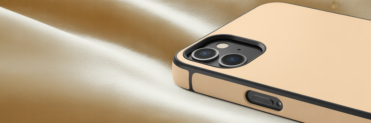 Close-up of minimalist beige rectangle iPhone case corner.