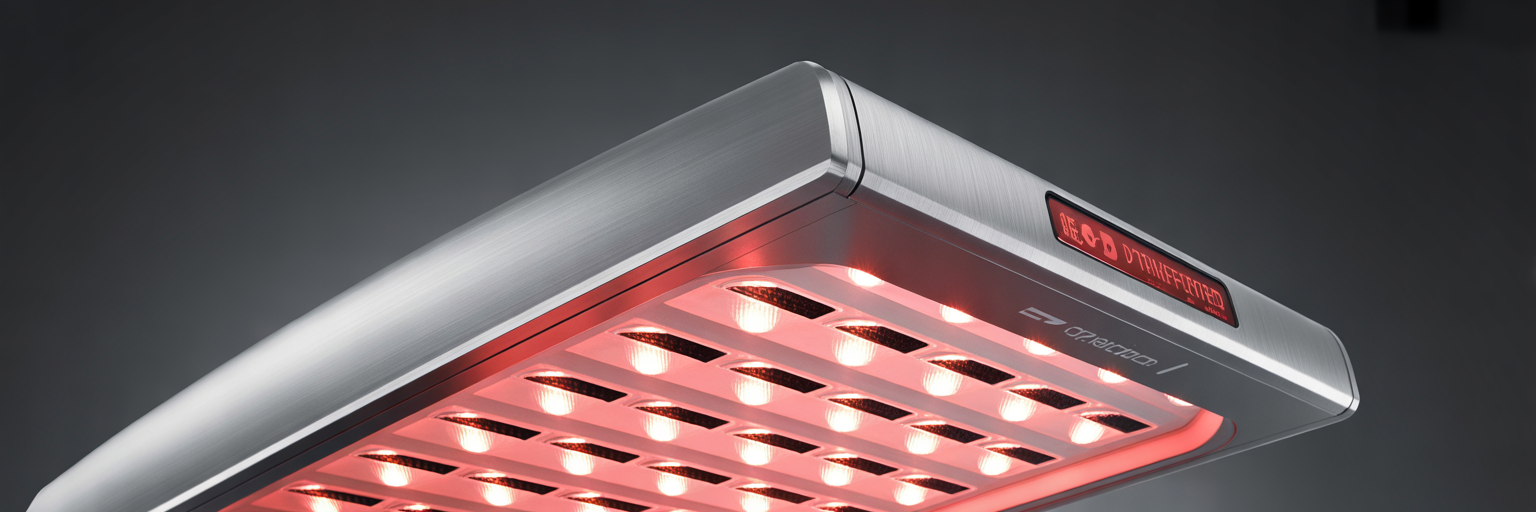 Close-up of red light therapy panel LEDs.