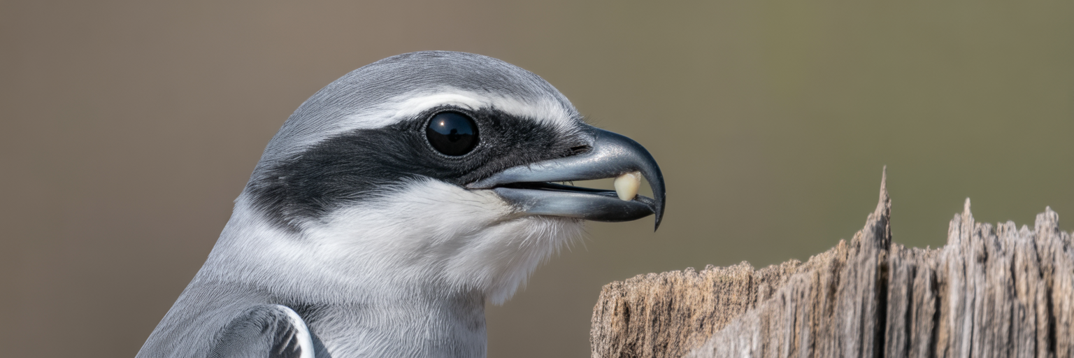 Close-up of shrike bird's hooked beak.