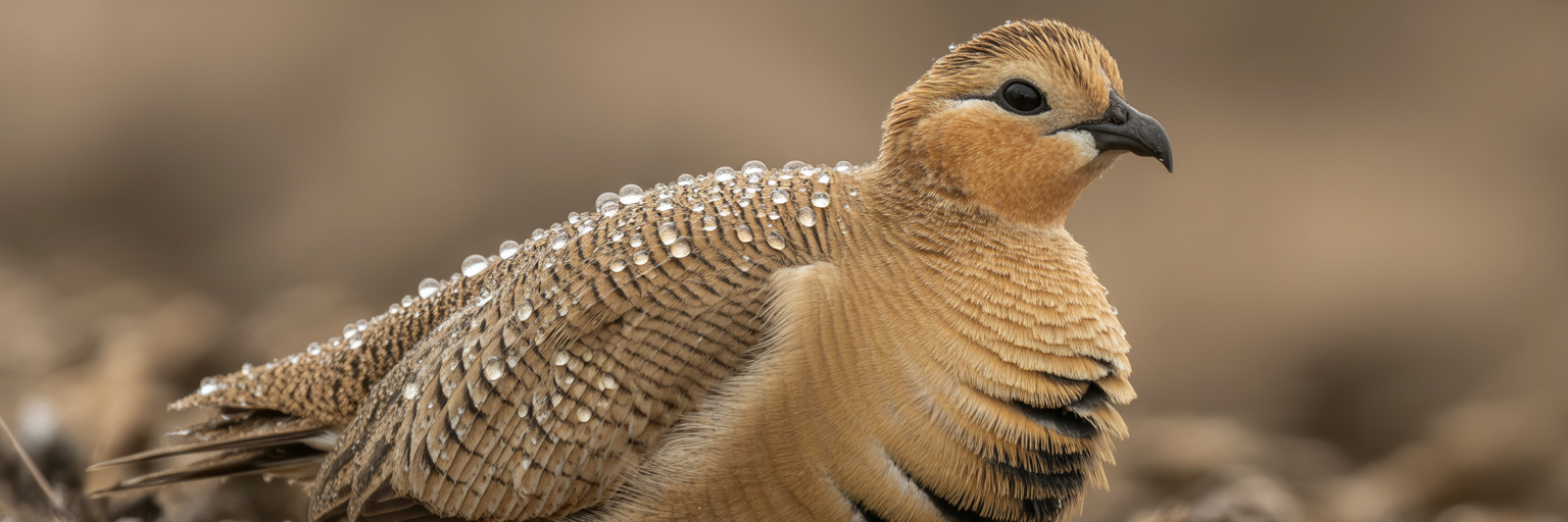 Close-up of water held in sandgrouse feathers.