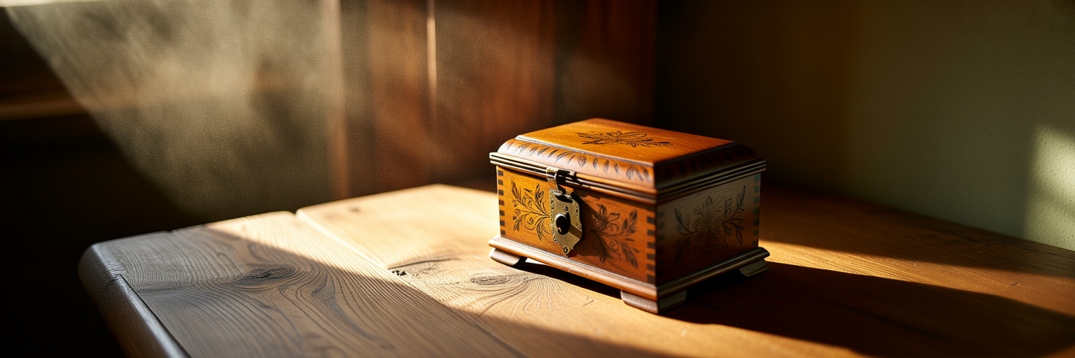 Closed antique music box on table