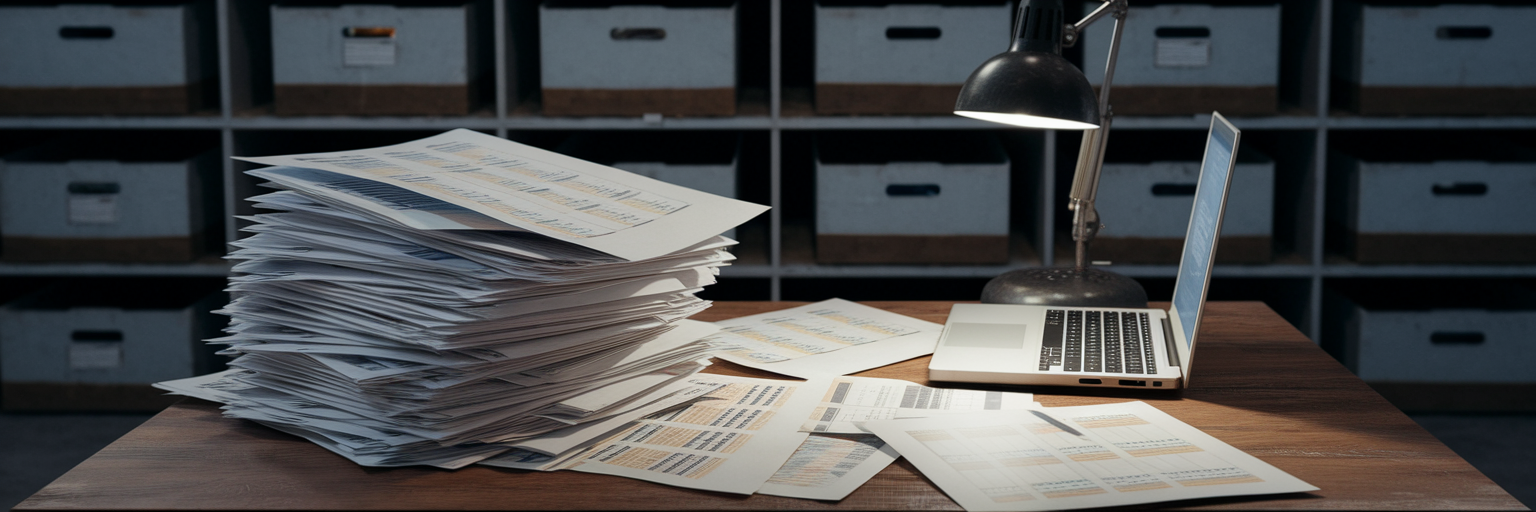 Cluttered museum office with paper reports.